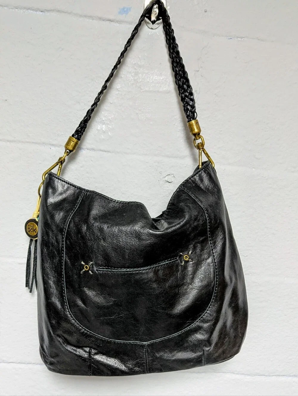 The Sak Black Shiny Leather Hobo Bag Braided Shoulder Strap